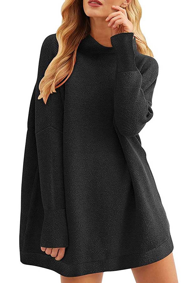 Solid Dolman Sleeve Black Sweater Dress