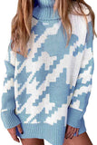 Turtleneck Print Tunic Knit Sweater Blue