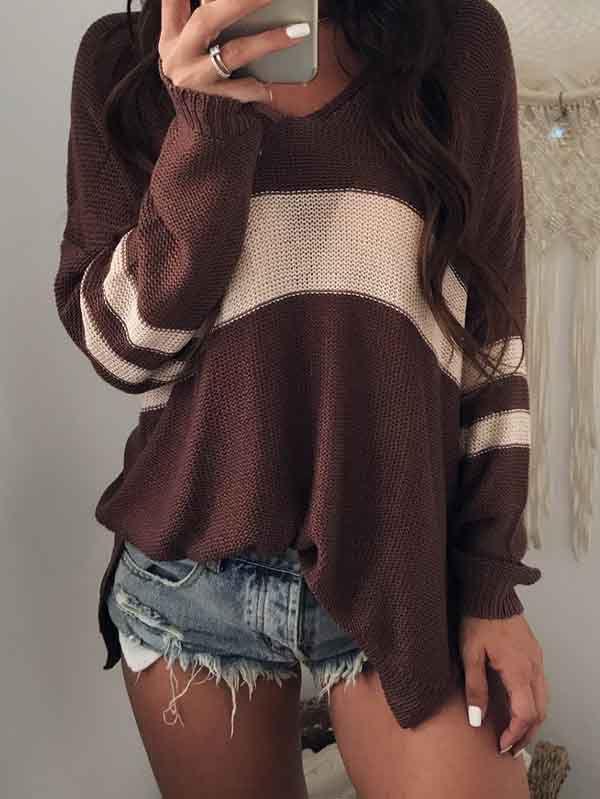 Ladies V Neck Jumpers Colorblock Losse Fit Striped Sweater
