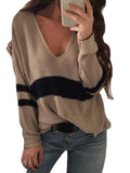 Ladies V Neck Jumpers Colorblock Losse Fit Striped Sweater