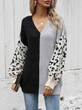 Ladies Black and White V Neck Jumpers Leopard Print Sweater