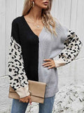Ladies Black and White V Neck Jumpers Leopard Print Sweater