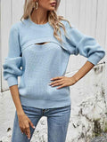 Women's Round Neck Puff Sleeve Sweater Hollow Out Pullover Tops