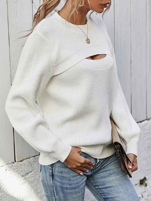 Women's Round Neck Puff Sleeve Sweater Hollow Out Pullover Tops
