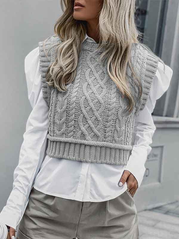 Women's Cropped Cable Knit Vest Solid Sleeveless Sweater Top