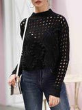 Women's Crochet Pom Pom Cable Knit Sweater with Holes