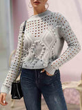 Women's Crochet Pom Pom Cable Knit Sweater with Holes