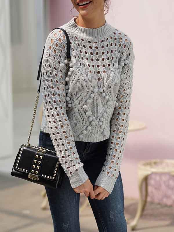 Women's Crochet Pom Pom Cable Knit Sweater with Holes