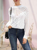 Women's Crochet Pom Pom Cable Knit Sweater with Holes