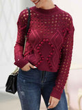 Women's Crochet Pom Pom Cable Knit Sweater with Holes