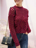 Women's Crochet Pom Pom Cable Knit Sweater with Holes