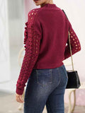 Women's Crochet Pom Pom Cable Knit Sweater with Holes