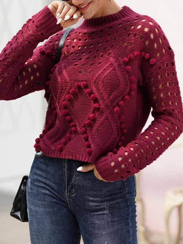 Women's Crochet Pom Pom Cable Knit Sweater with Holes
