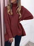 Women's Turtleneck Jumper Solid Oversized Ribbed Asymmetrical Hem Sweater