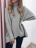 Women's Turtleneck Jumper Solid Oversized Ribbed Asymmetrical Hem Sweater