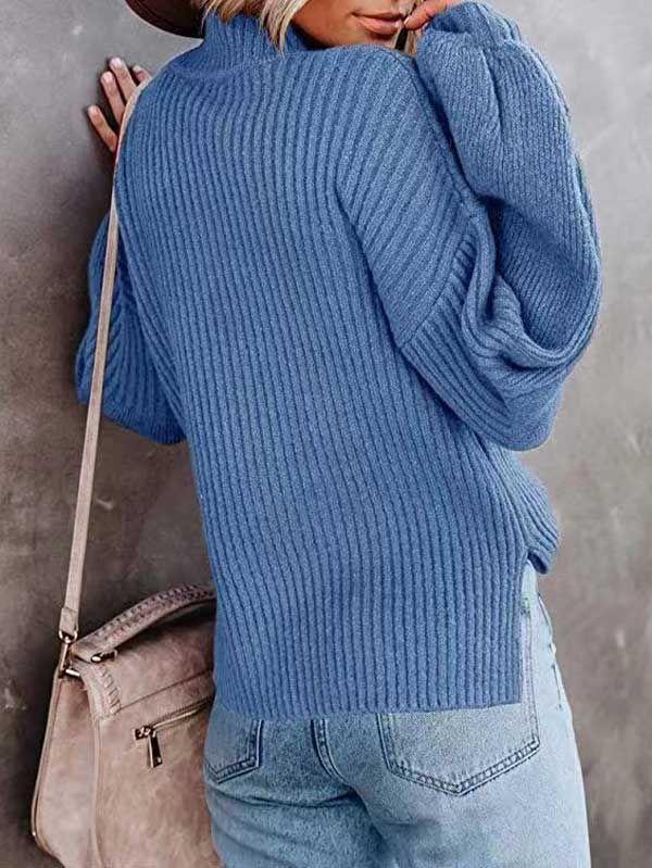 Women's Solid Color Lantern Sleeve High Neck Pullover Sweater