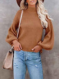 Women's Solid Color Lantern Sleeve High Neck Pullover Sweater