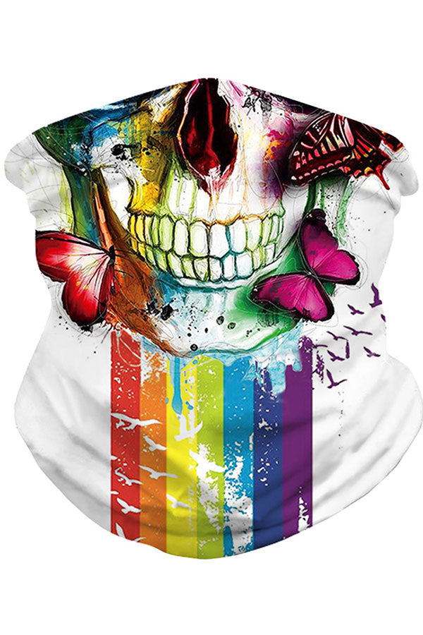 Seamless Rainbow Skull Print Outdoor Neck Gaiter Beige White