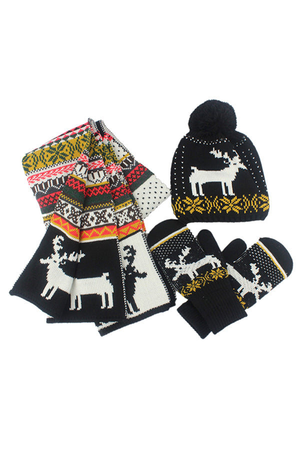 Reindeer&Snowflake Knit Christmas Beanie Gloves&Scarf 3Ps Set Black