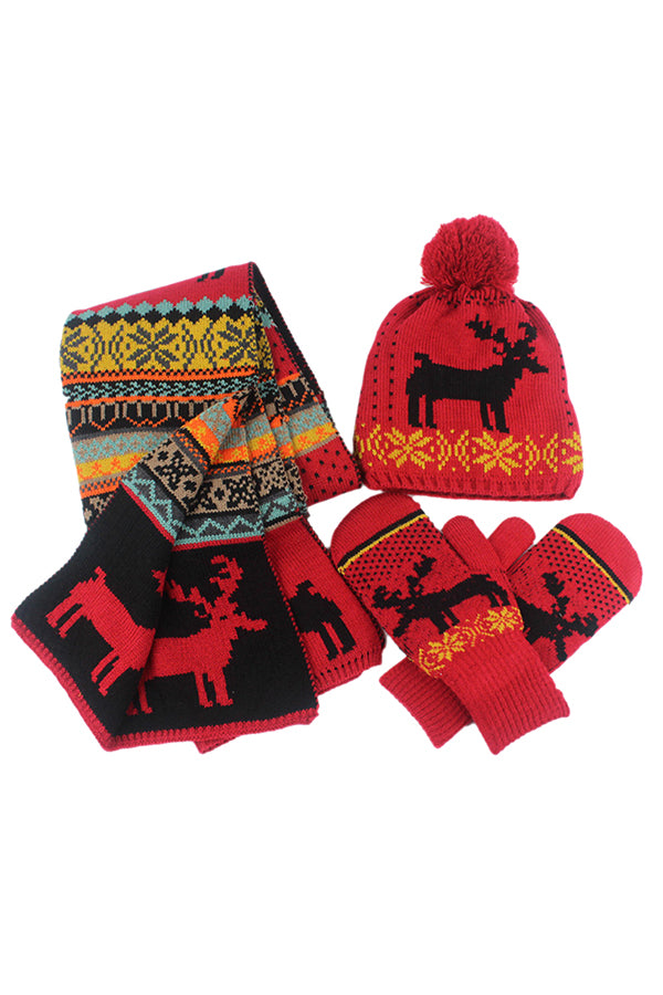 Reindeer&Snowflake Knit Christmas Beanie Gloves&Scarf 3Ps Set Red
