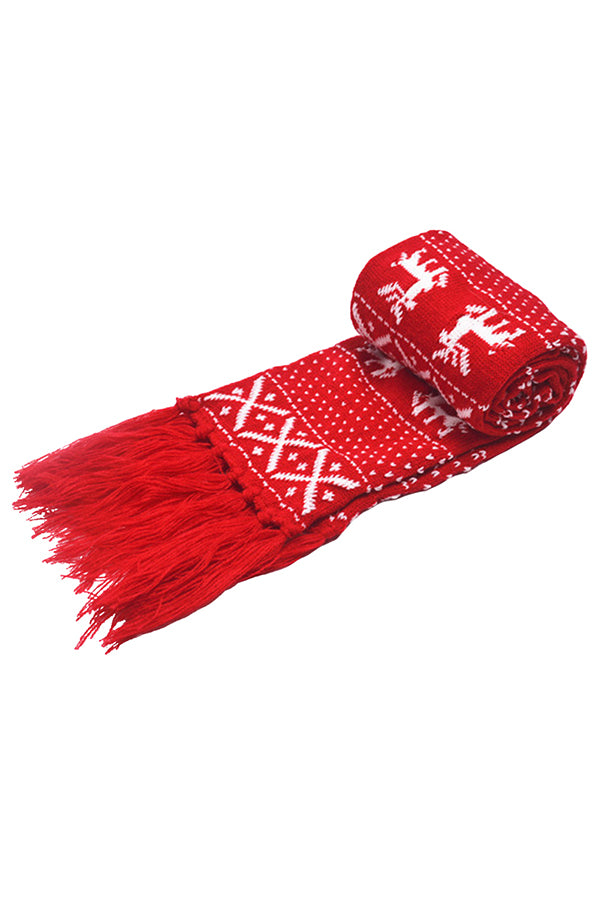 Fringe Trim Reindeer Snowflake Knit Christmas Scarf Red