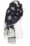 Snowflake Print Fringe Trim Christmas Shawl Scarf Navy Blue