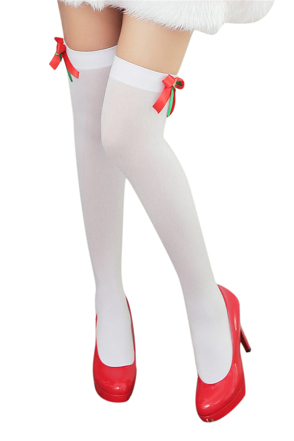Cute Bow Knee High Stockings For Christmas Party White