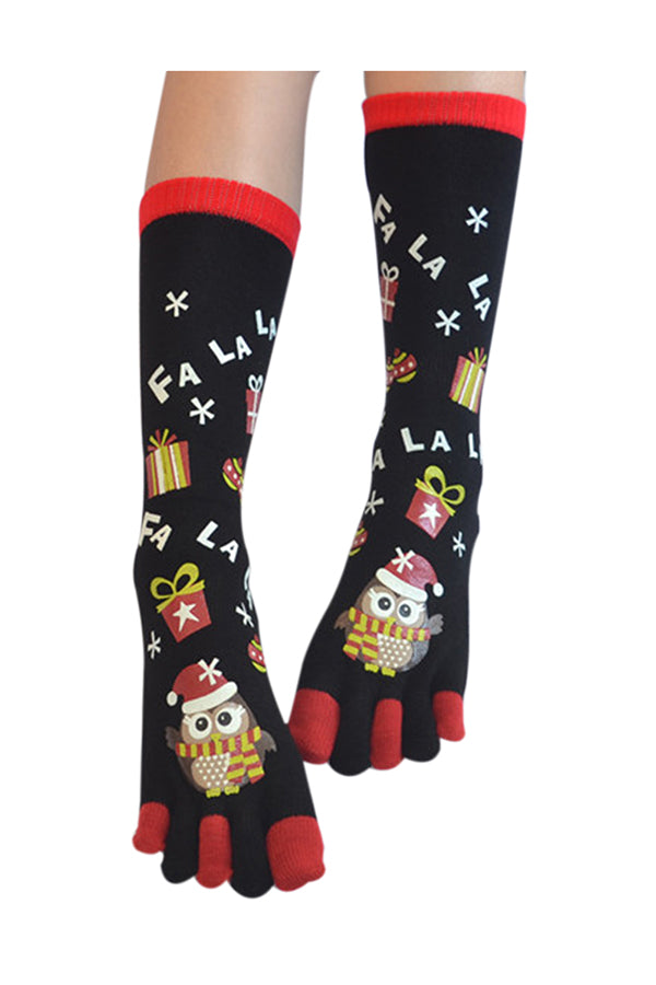 Cute Owl&Present Print Christmas Tube Toe Socks Black