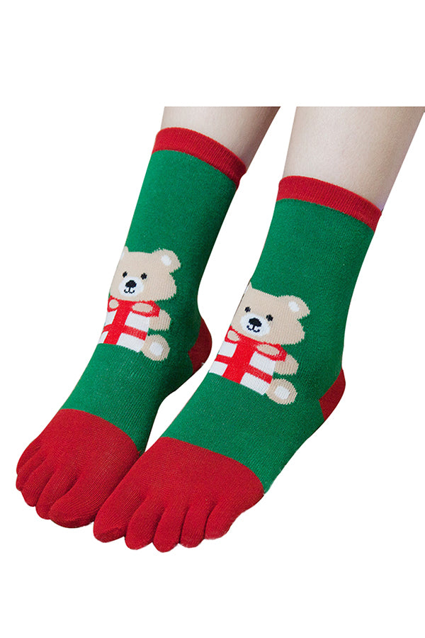Cute Teddy Bear Print Color Block Christmas Toe Socks Green