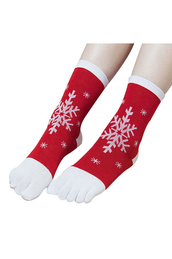 Cute Snowflake Print Color Block Christmas Toe Socks Red