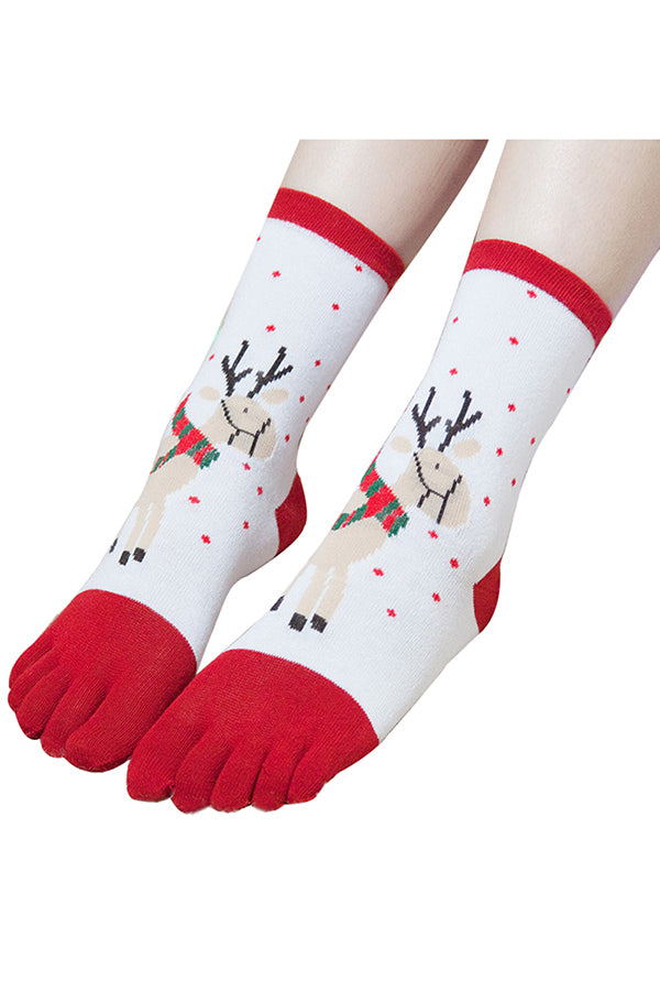 Cute Reindeer Print Color Block Christmas Toe Socks White