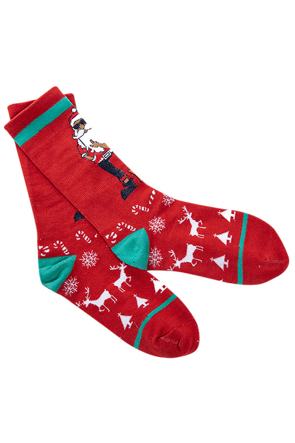 Funny Cool Santa Print Christmas Tube Chaussettes Rouge
