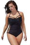 Sexy Plus Size Halter Strappy Side One Piece Swimsuit Black