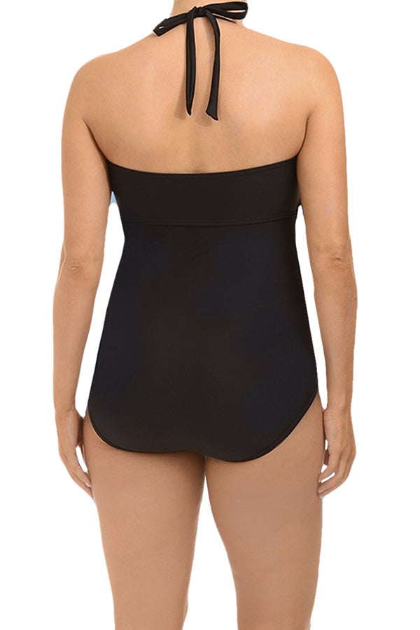 Sexy Plus Size Halter Strappy Side One Piece Swimsuit Black