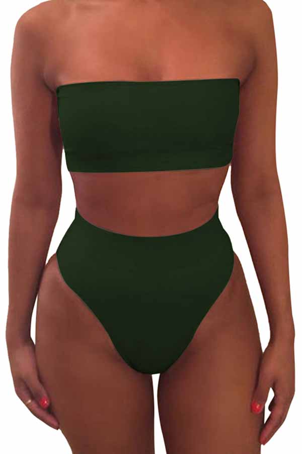 Womens Sexy Plain Bandeau Top&High Waist Bottom Bikini Set Army Green
