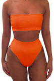 Womens Sexy Plain Bandeau Top&High Waist Bottom Bikini Set Orange