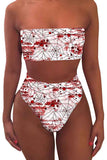 High Waisted Web Blood Print Bandeau Two Piece Swimsuit Dark Red