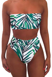 Leaf Print Bandeau Top High Waisted Bikini Set Turquoise