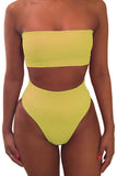 Womens Sexy Plain Bandeau Top&High Waist Bottom Bikini Set Yellow