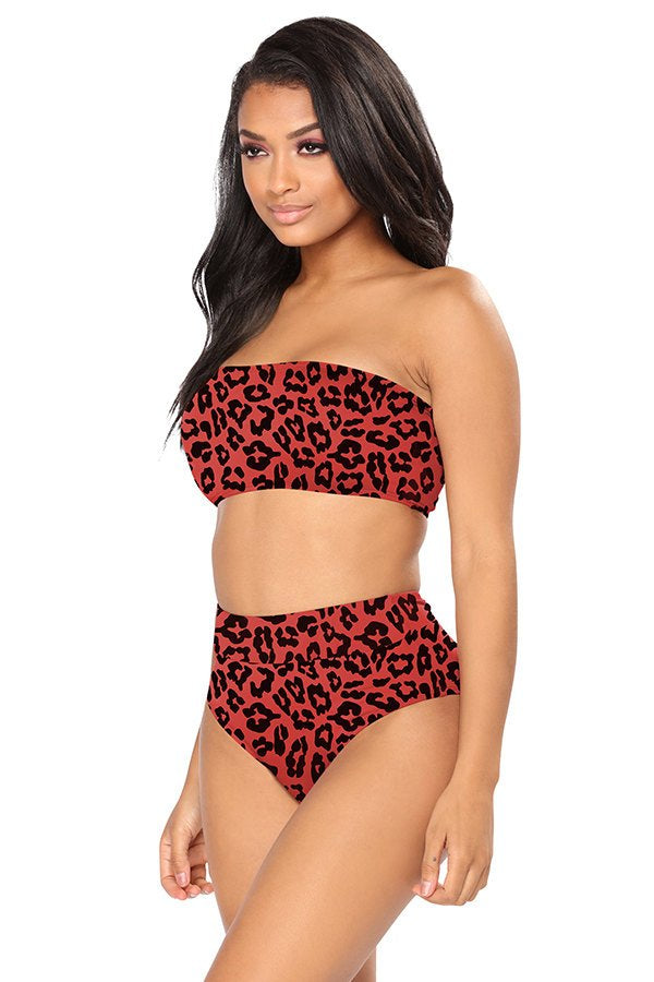 Women's 2 Pieces Bandeau Bikini Swimsuits Leopard Print High Cut Bathing Suit