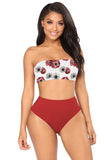 Sexy Floral Print Bandeau Top High Waisted Bikini Set Red