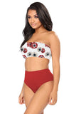 Sexy Floral Print Bandeau Top High Waisted Bikini Set Red