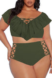 Two Piece Plus Size Swimsuit for Women Ruffle Lace Up Tummy Control Bathing Suit