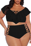 Two Piece Plus Size Swimsuit for Women Ruffle Lace Up Tummy Control Bathing Suit