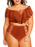 Two Piece Plus Size Swimsuit for Women Ruffle Lace Up Tummy Control Bathing Suit