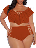 Two Piece Plus Size Swimsuit for Women Ruffle Lace Up Tummy Control Bathing Suit