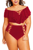Two Piece Plus Size Swimsuit for Women Ruffle Lace Up Tummy Control Bathing Suit