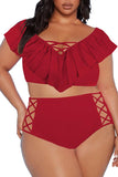 Two Piece Plus Size Swimsuit for Women Ruffle Lace Up Tummy Control Bathing Suit