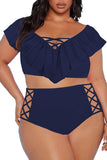 Two Piece Plus Size Swimsuit for Women Ruffle Lace Up Tummy Control Bathing Suit
