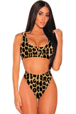 Scoop Neck High Leg Leopard Bikini Set Brown